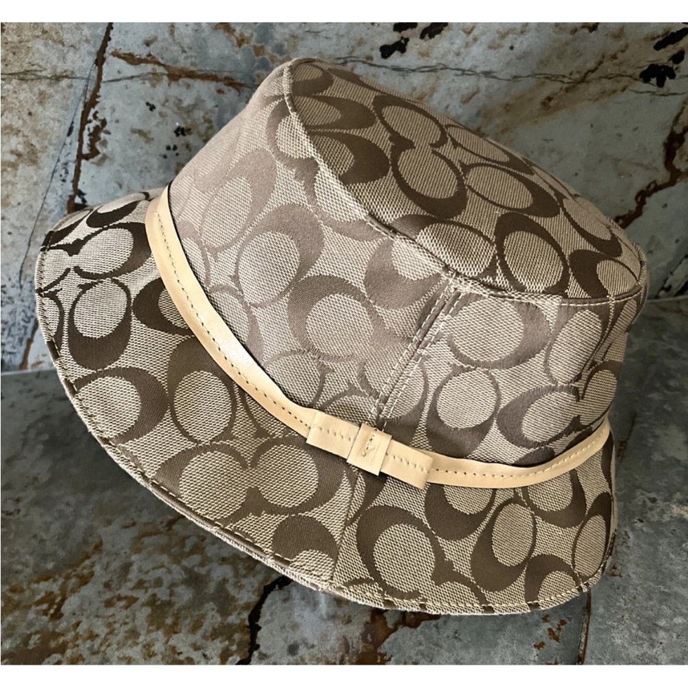 Coach Bucket Hat signature Fabric logo Brown & Tan leather trim band One size